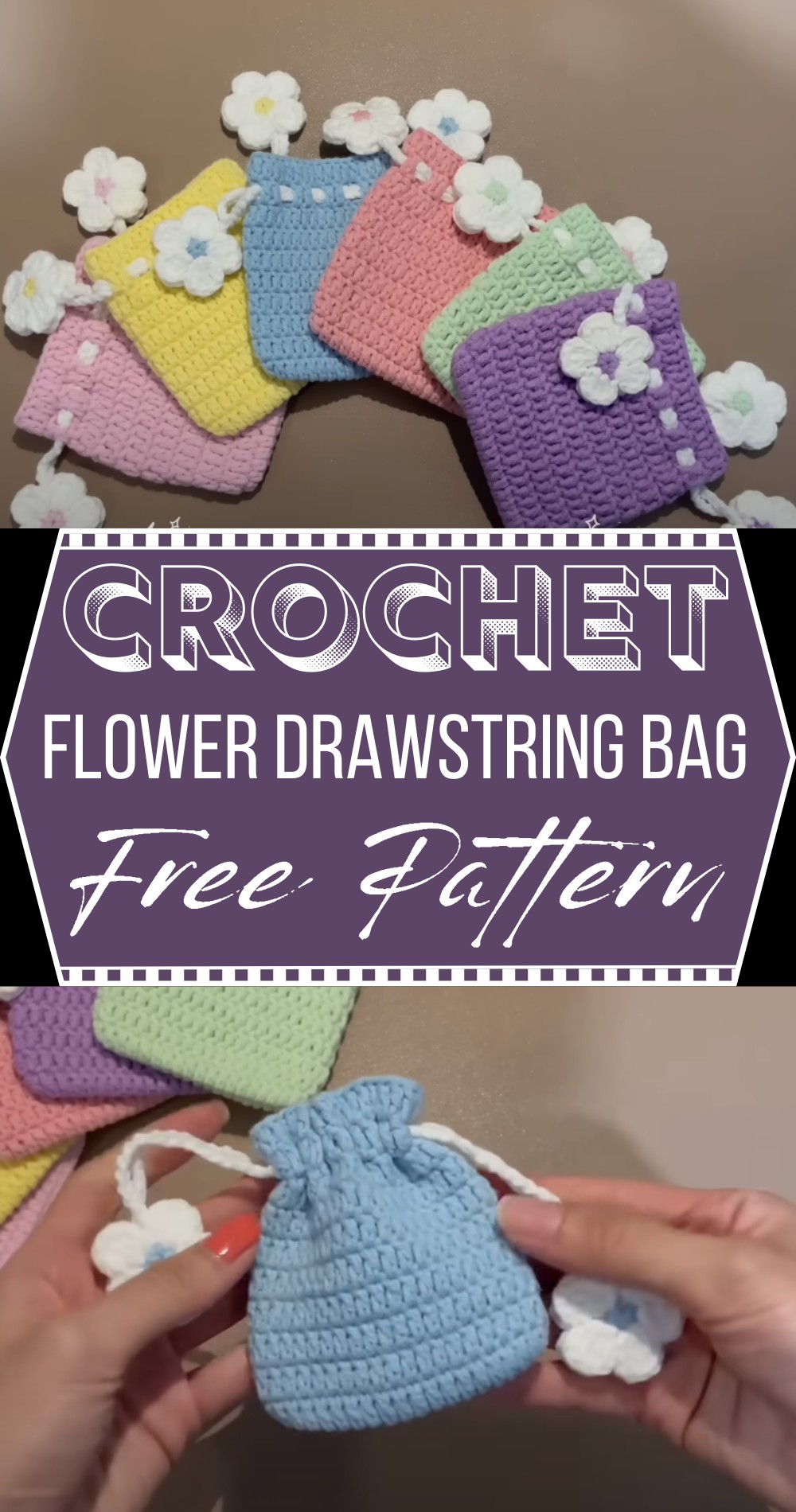 Crochet Flower Drawstring Bag
